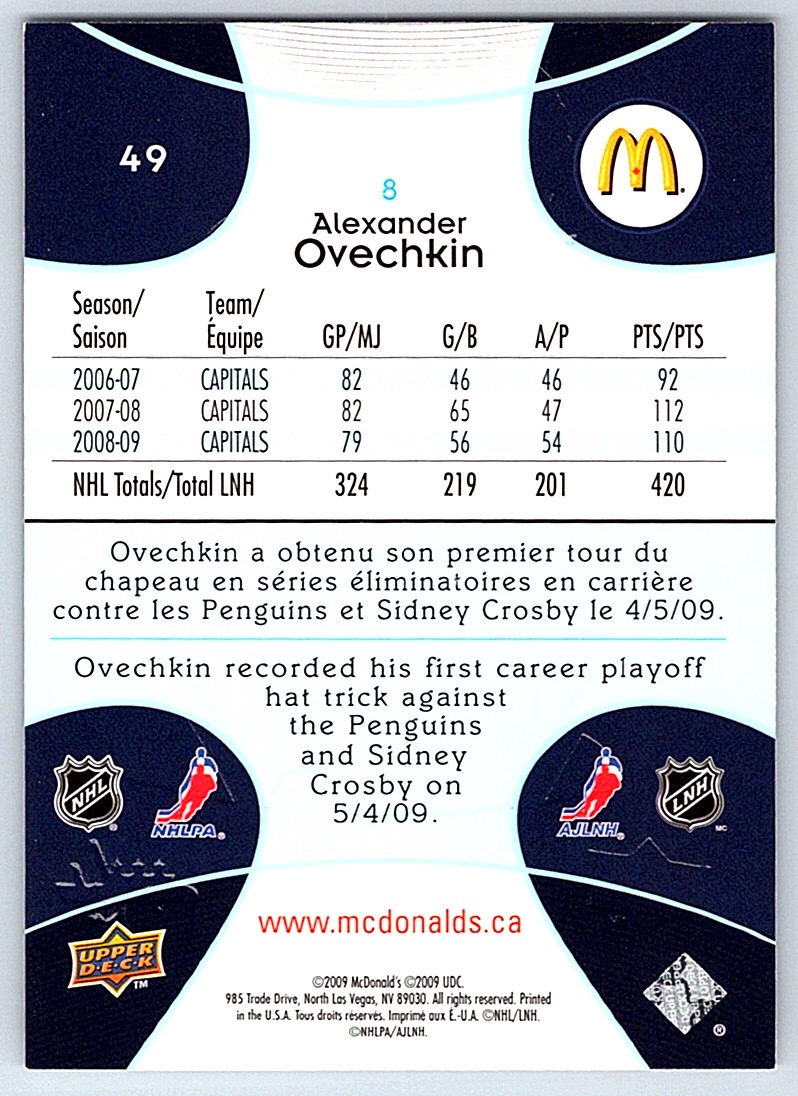2009-10 Upper Deck McDonald's Alexander Ovechkin #49 card back image