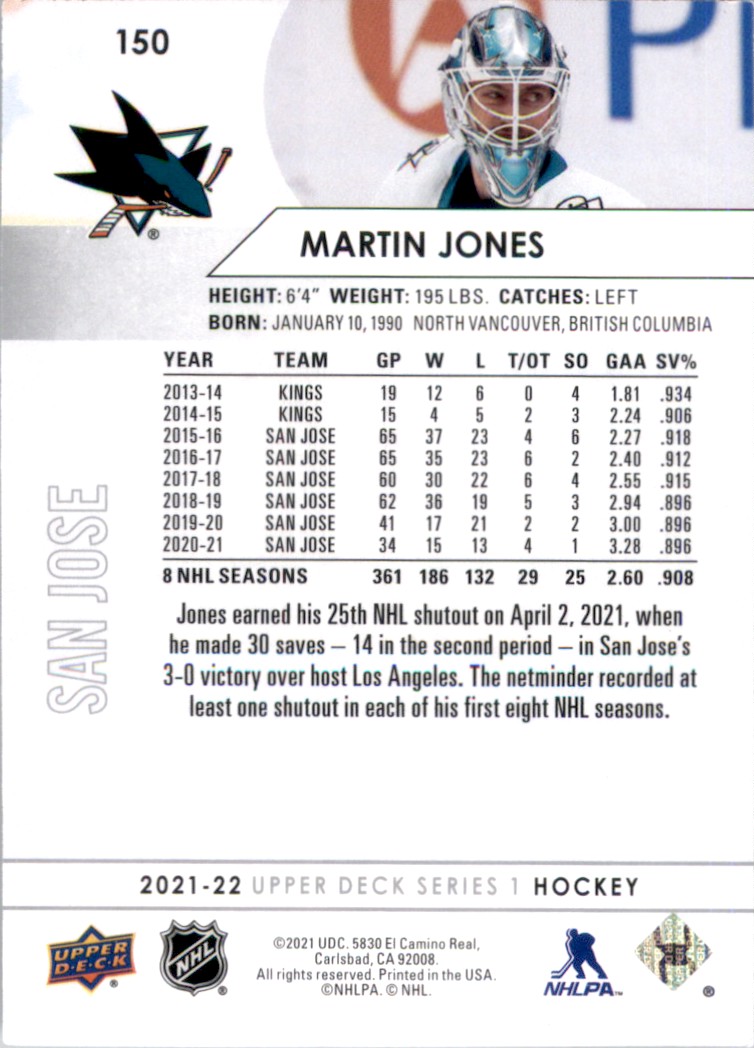 2021-22 Upper Deck Martin Jones #150 card back image