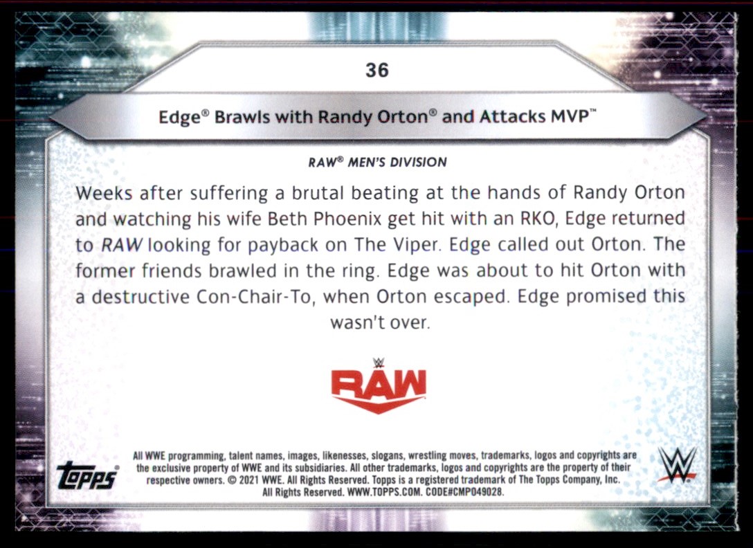 2021 Topps WWE Edge Brawls with Randy Orton and Attacks MVP #36 card back image