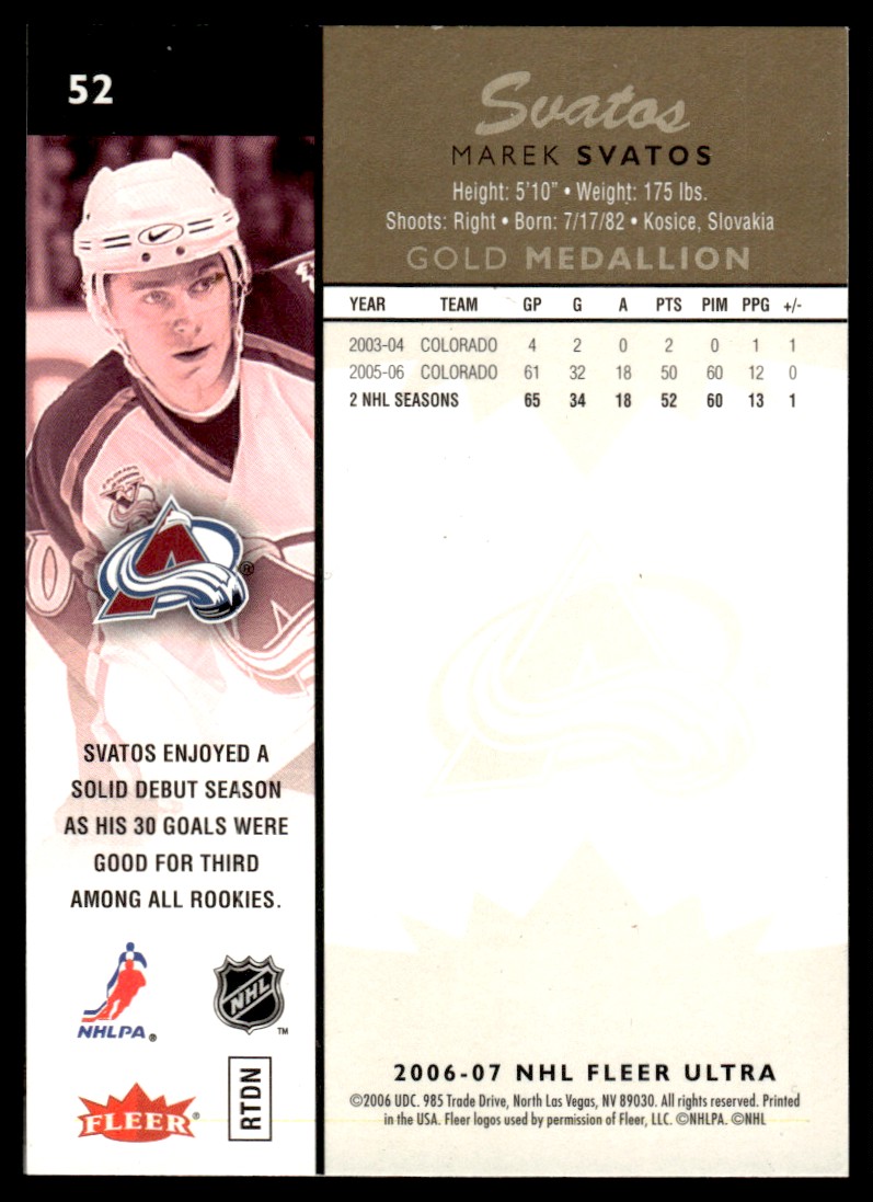 2007-08 Ultra Gold Medallion Marek Svatos #52 card back image