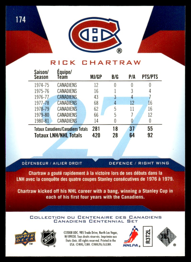 Tim Chartraw 2008-09 Upper Deck Montreal Canadiens Centennial Rick Chartraw #174 on ...