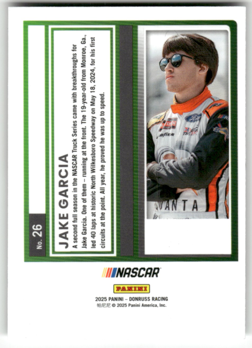 2025 Donruss NASCAR Optic JAKE GARCIA #26 card back image
