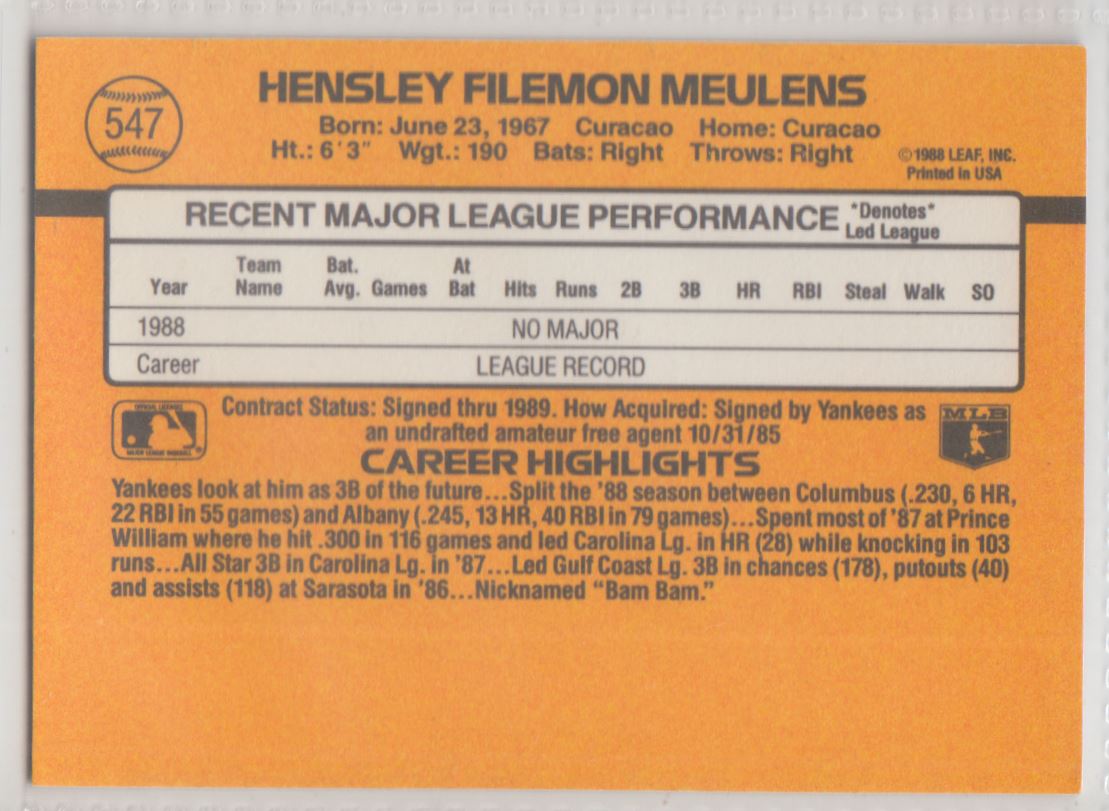 1989 Donruss Hensley Meulens #547 card back image