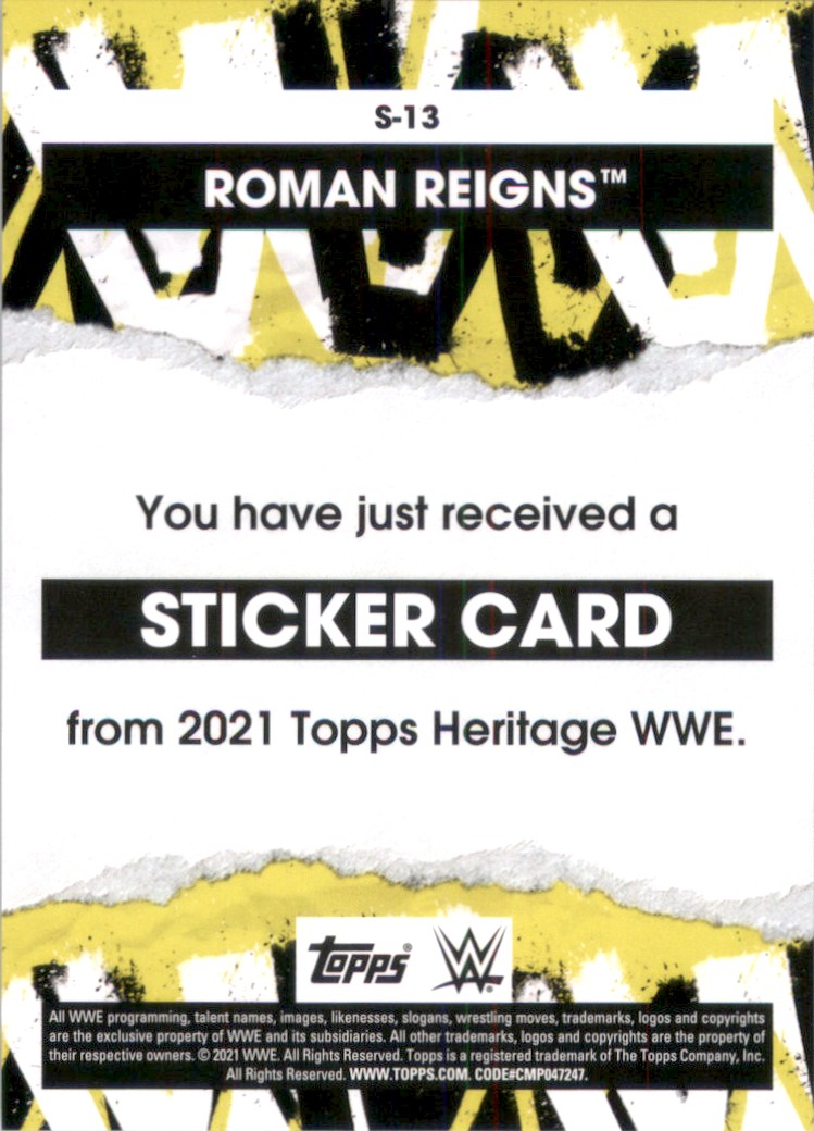2021 Topps Heritage WWE Superstar Stickers Roman Reigns #S13 card back image