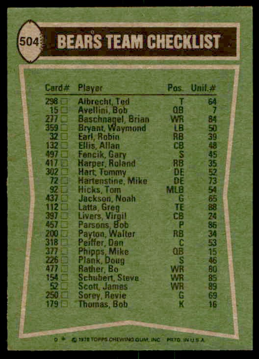 1978 Topps Team Checklists Walter Payton/James Scott/Allan Ellis/Ron Rydalch #504 card back image
