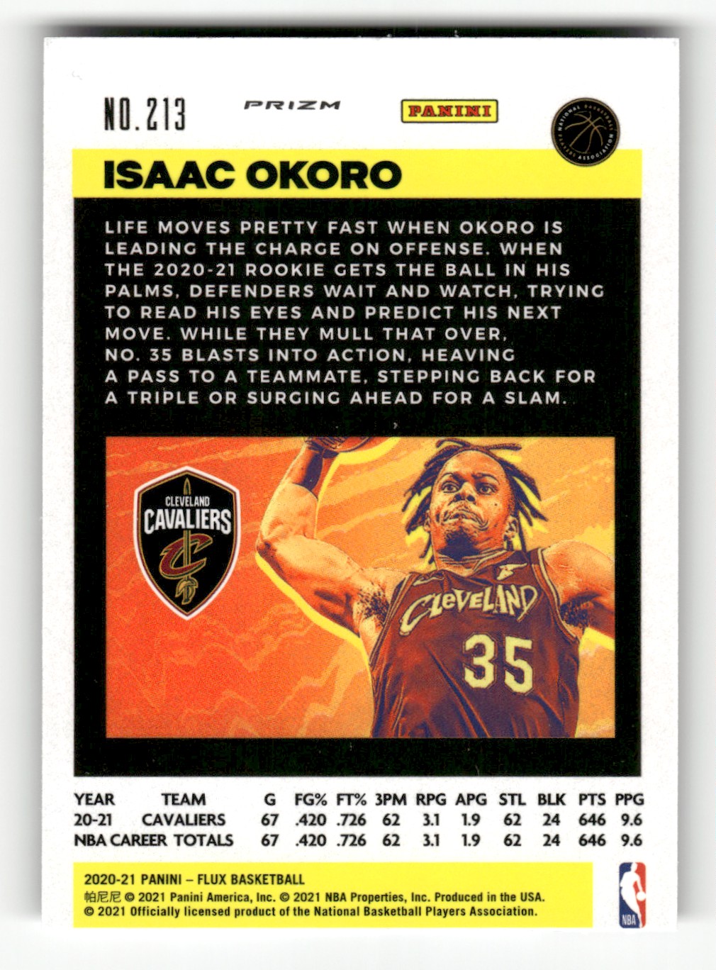 2020-21 Panini Flux Pulsar Isaac Okoro #213 card back image