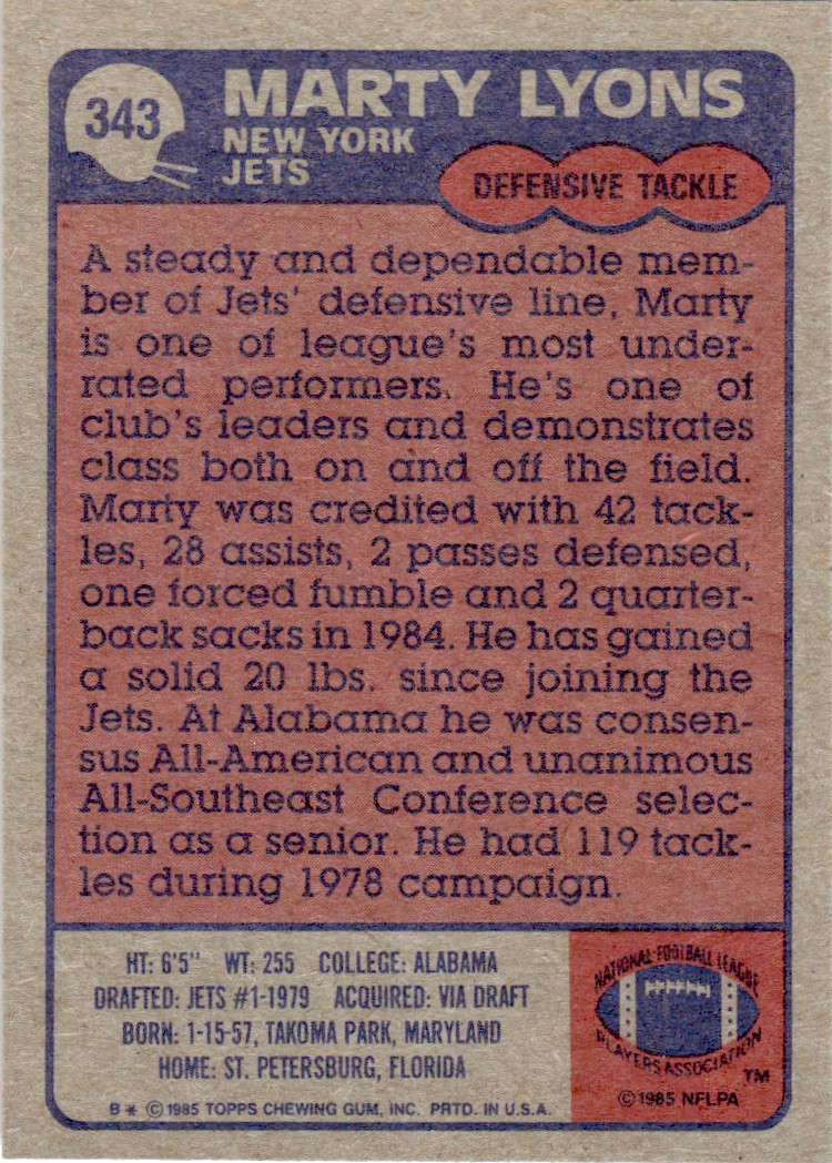 1985 Topps Marty Lyons #343 card back image
