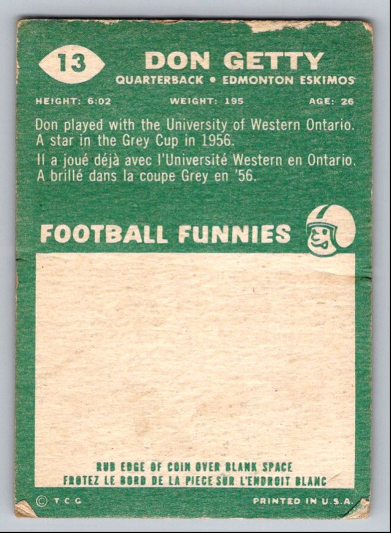 1960 Topps CFL Football Don Getty #13 card back image