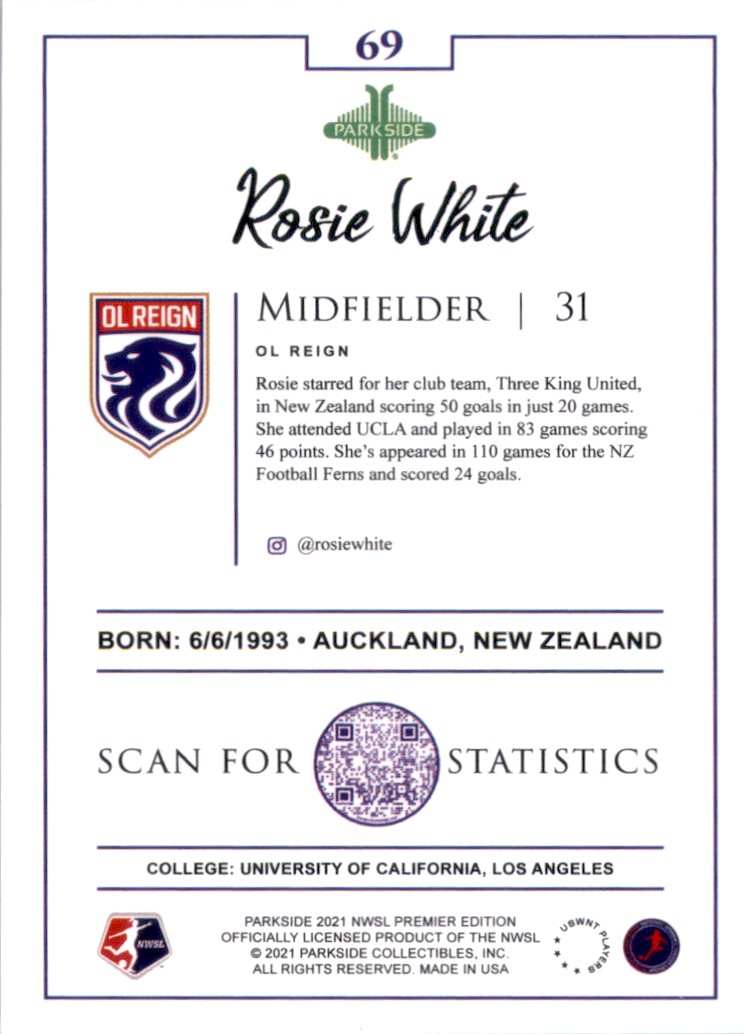 2021 Parkside NWSL Premier Edition Rosie White #69 card back image