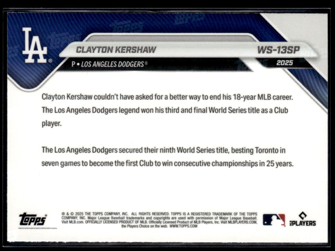 2025 Topps Now World Series Champions Clayton Kershaw Dodgers #WS