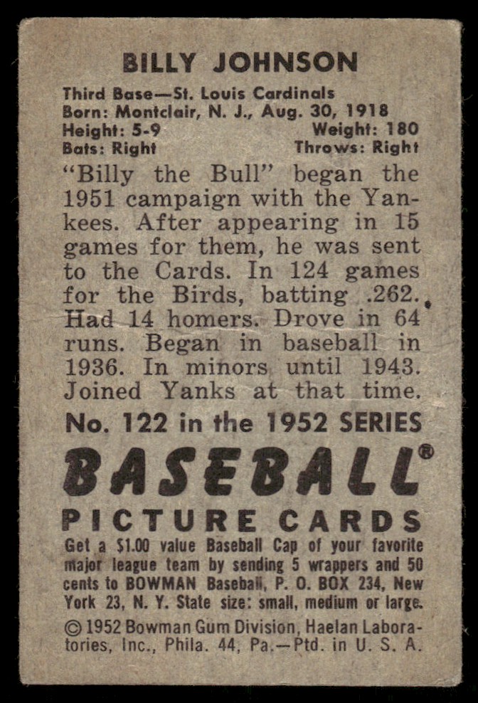 1952 Bowman Billy Johnson #122 card back image
