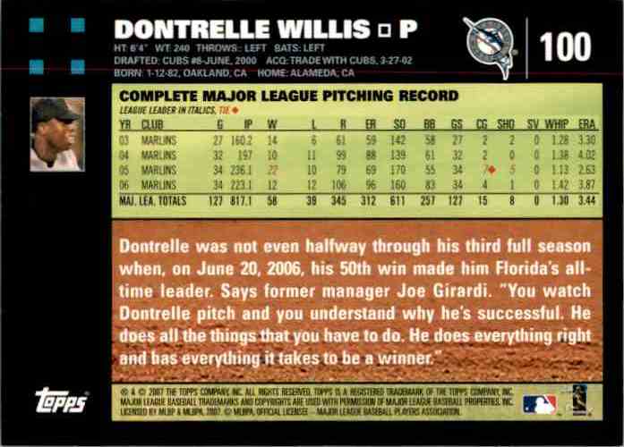 2007 Topps Dontrelle Willis #100 card back image