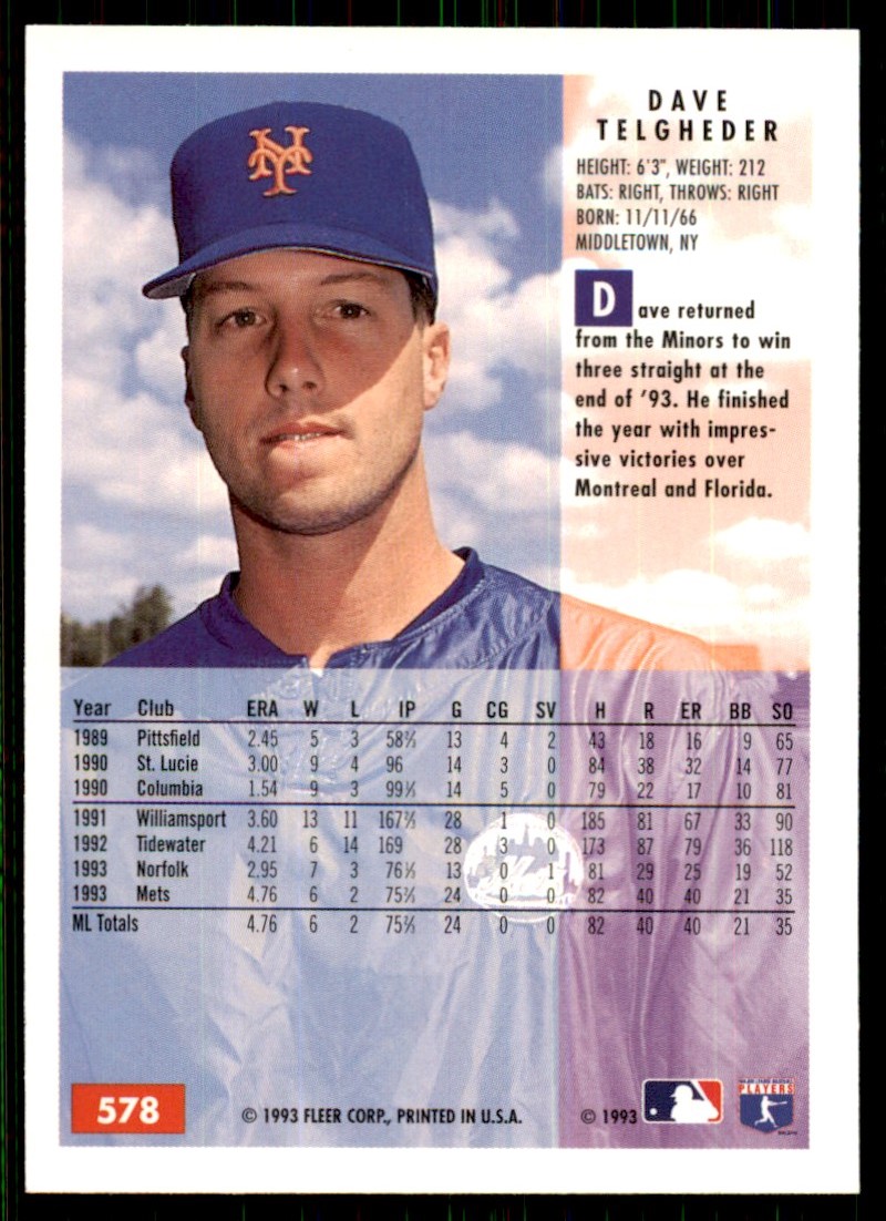 1994 Fleer Dave Telgheder #578 card back image