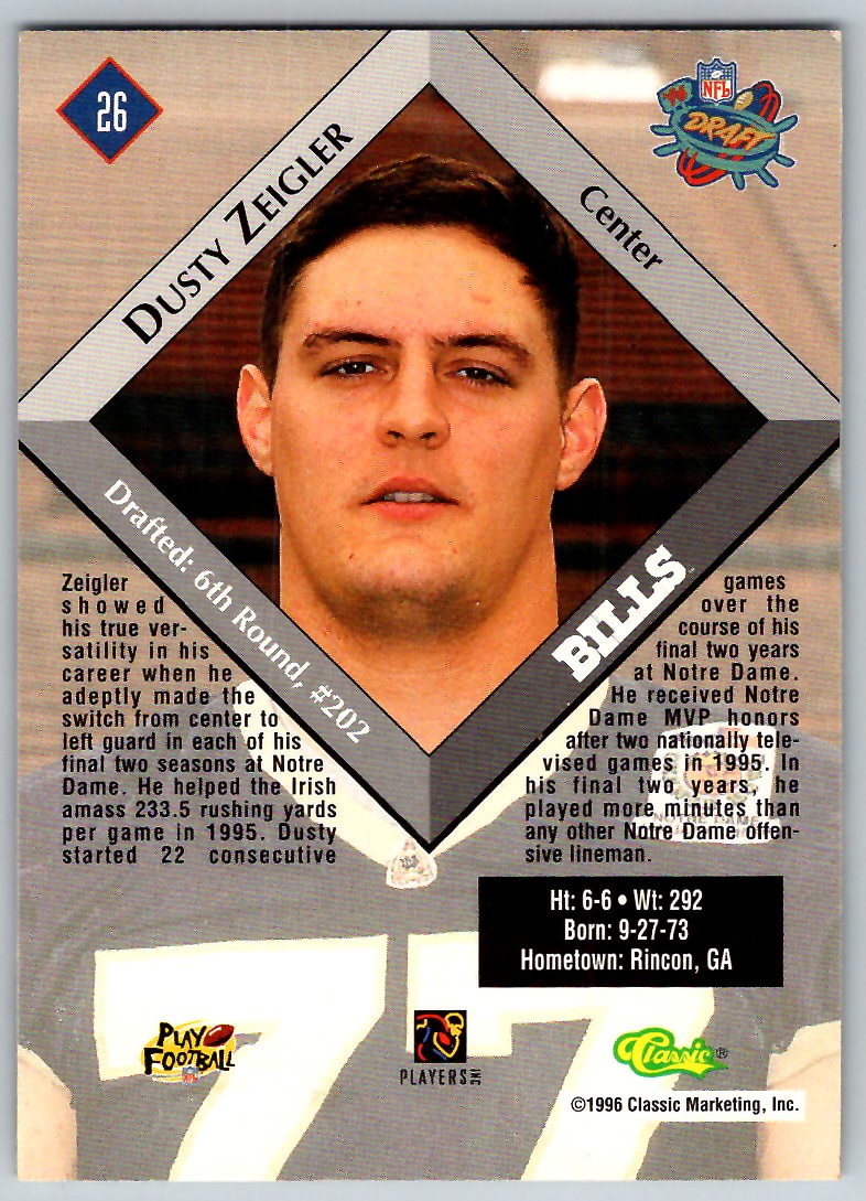 1996 CLASSIC NFL ROOKIES DUSTY ZEIGLER BUFFALO BILLS #26 | eBay