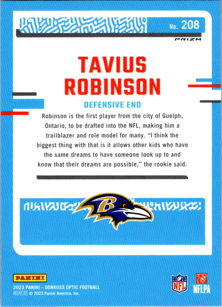 2023 Donruss Optic Blue Hyper Rated Rookie Tavius Robinson #208 card back image