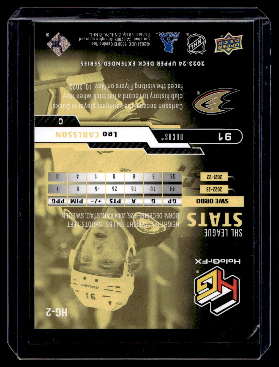 carlsson 2023-24 Upper Deck HoloGrFx Gold Leo Carlsson Rookie #HG-2 Anaheim