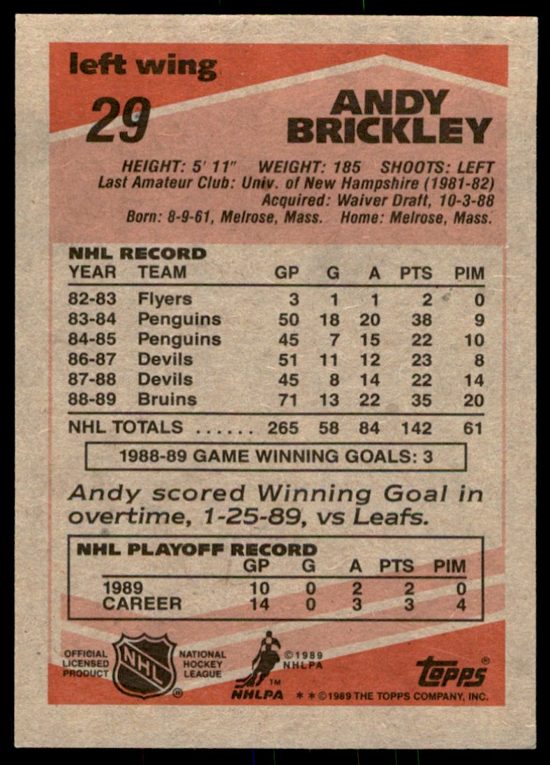 1989-90 Topps Andy Brickley Rookie Boston Bruins #29 | eBay