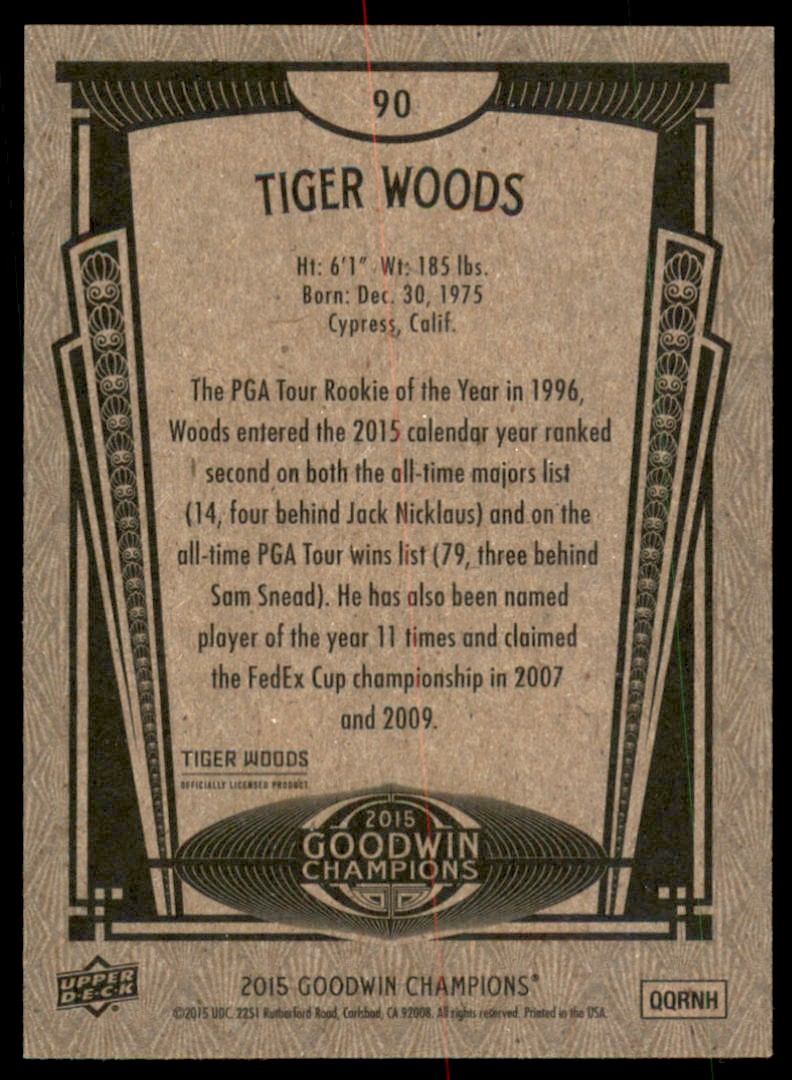 2015 Upper Deck Goodwin Champions Tiger Woods #90 card back image