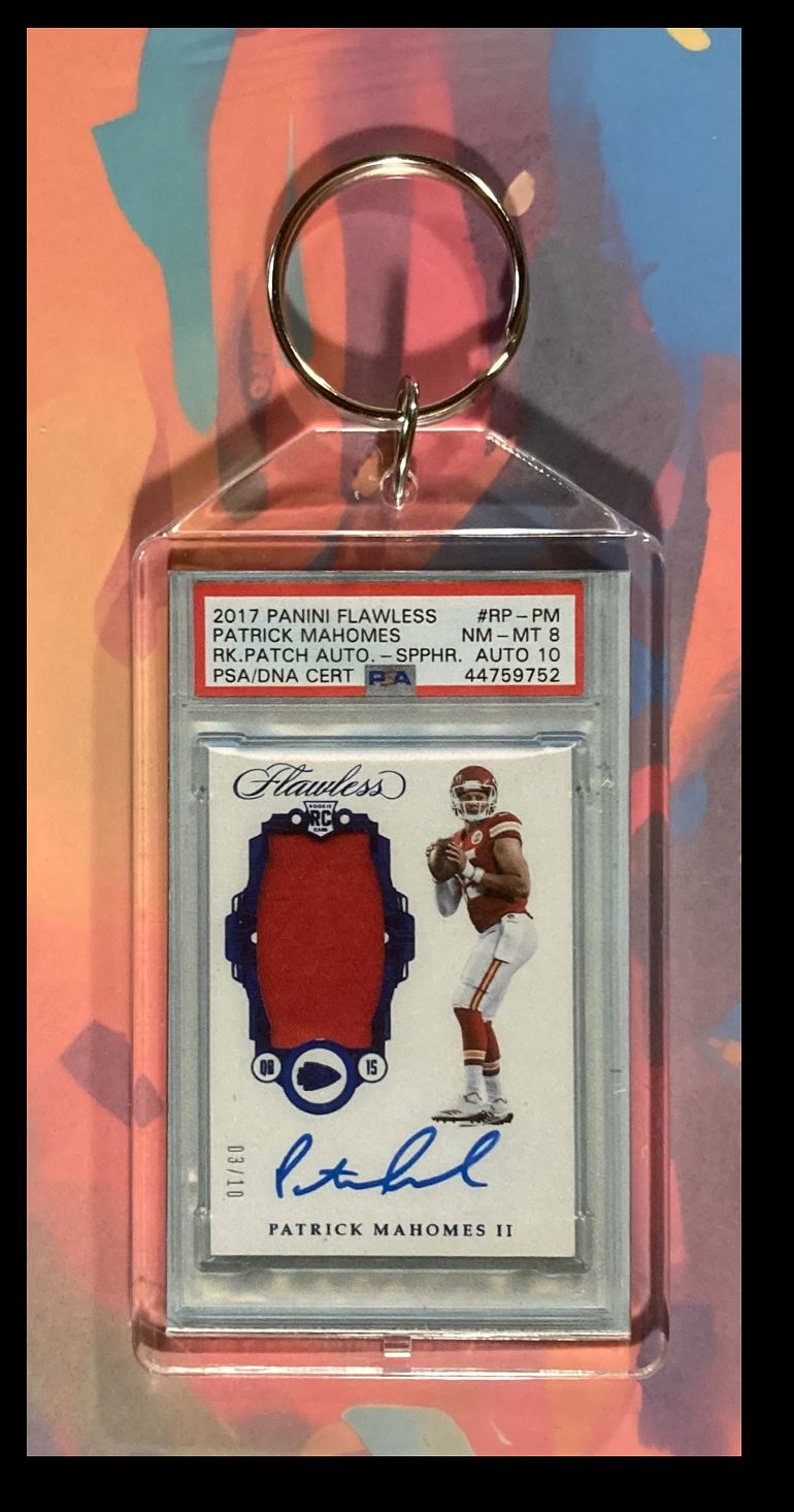 2025 -MME- don't use same Pic Patrick Mahomes 2017 Panini Flawless Patch Auto Rookie Keychain #0051 card back image