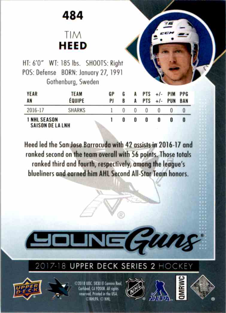 2017-18 Upper Deck Young Guns Tim Heed #484 card back image