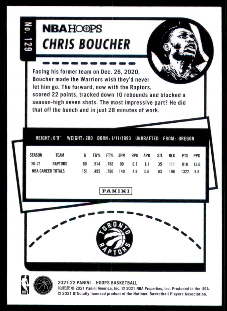 2021-22 Hoops Chris Boucher #129 card back image