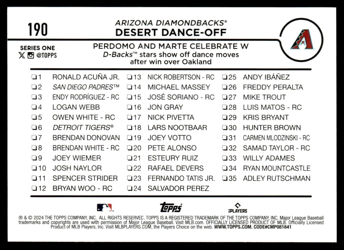2024 Topps Desert Dance-Off Easter Rabbits Foil Perdomo & Marte Celebrate W #190 card back image