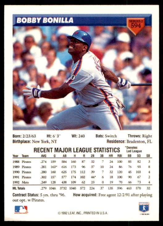 1993 Donruss Bobby Bonilla #594 card back image