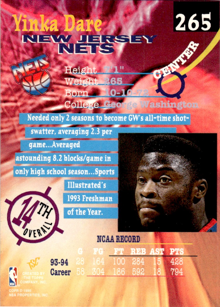 1994-95 Stadium Club Basketball Card Yinka Dare New Jersey Nets