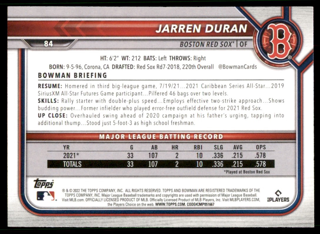 2022 Bowman Jarren Duran #84 on Kronozio