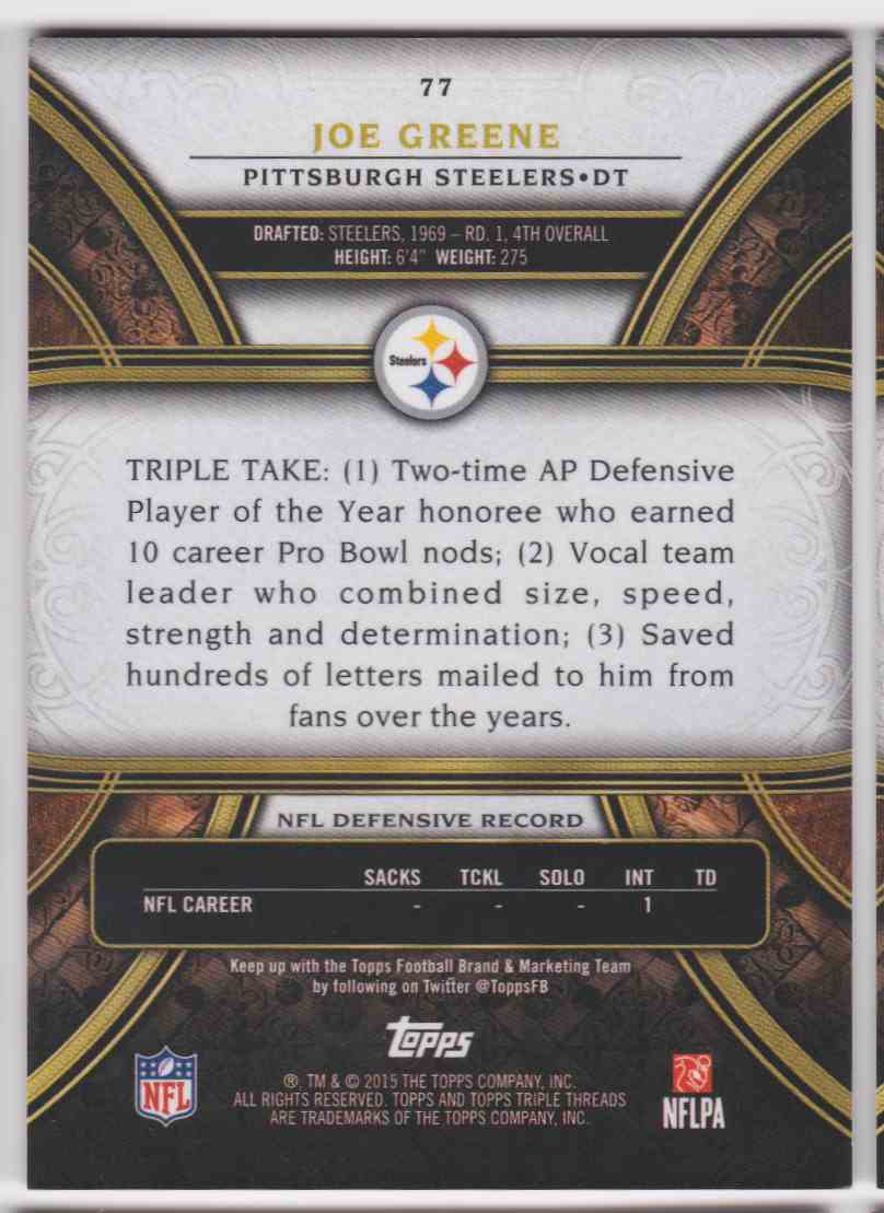 2015 Topps Triple Threads Ruby Joe Greene #77 card back image