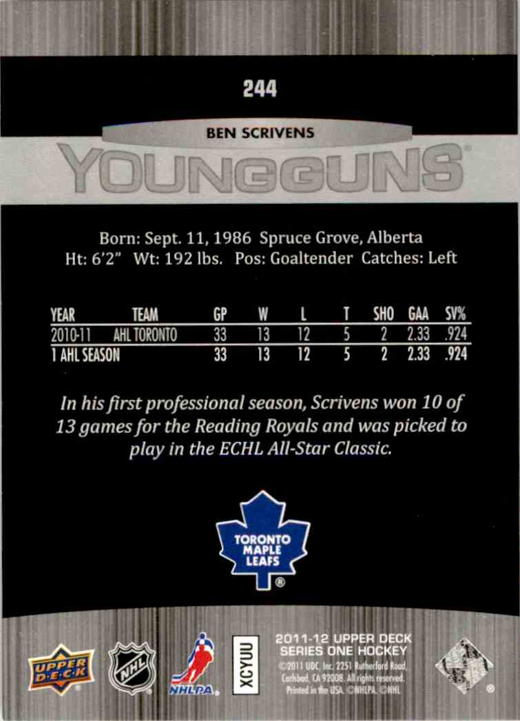 2011-12 Upper Deck young Guns Ben Scrivens #244 card back image