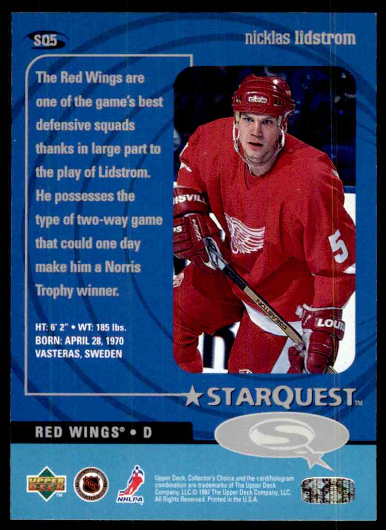 1997-98 Upper Deck Company Inc. Collectors Choice-Starquest Nicklas Lidstrom #SQ5 card back image