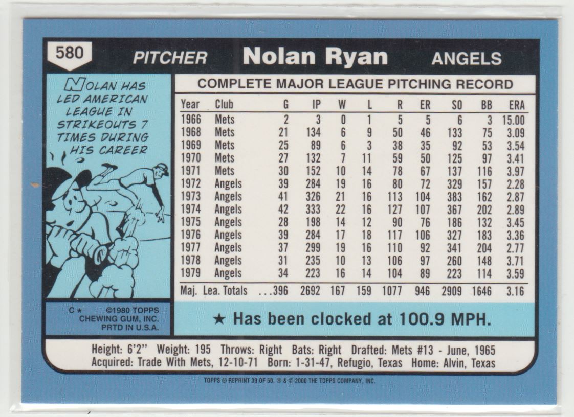 1980 Topps Baseball Card #580 Nolan Ryan