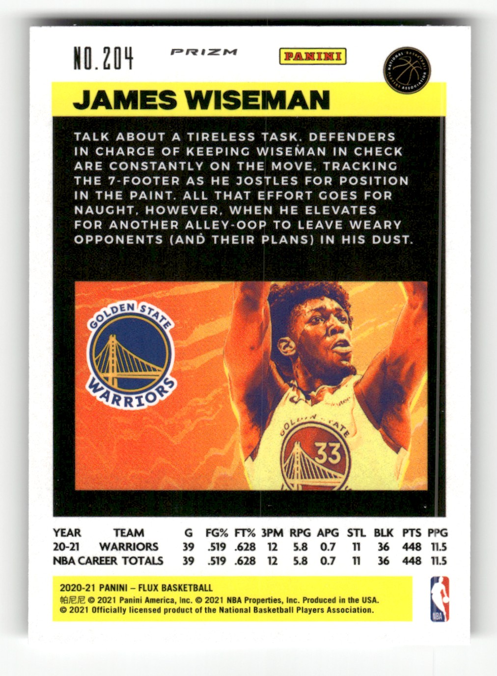 2020-21 Panini Flux Pulsar James Wiseman #204 card back image