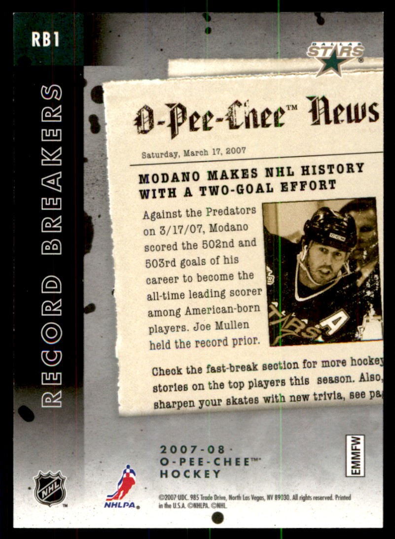 2007-08 O-Pee-Chee Record Breakers Mike Modano #RB1 card back image
