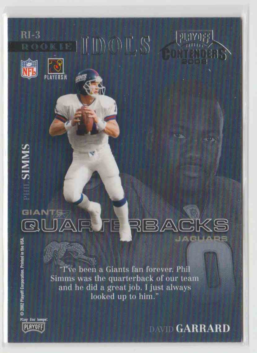 2002 Playoff Contenders Rookie Idols David Garrard/Phil Simms #RI3 card back image