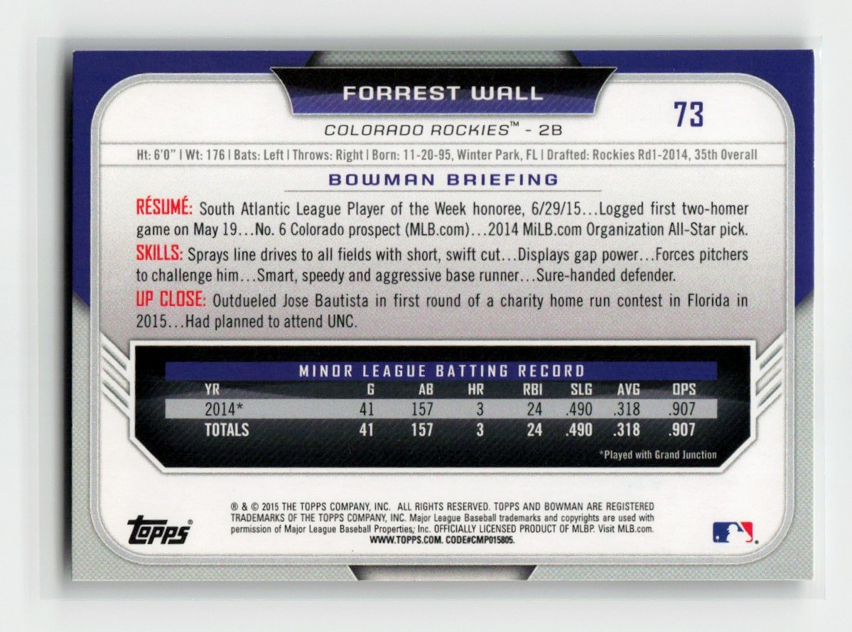 2015 Bowman Draft Picks & Prospects Forrest Wall #73 card back image