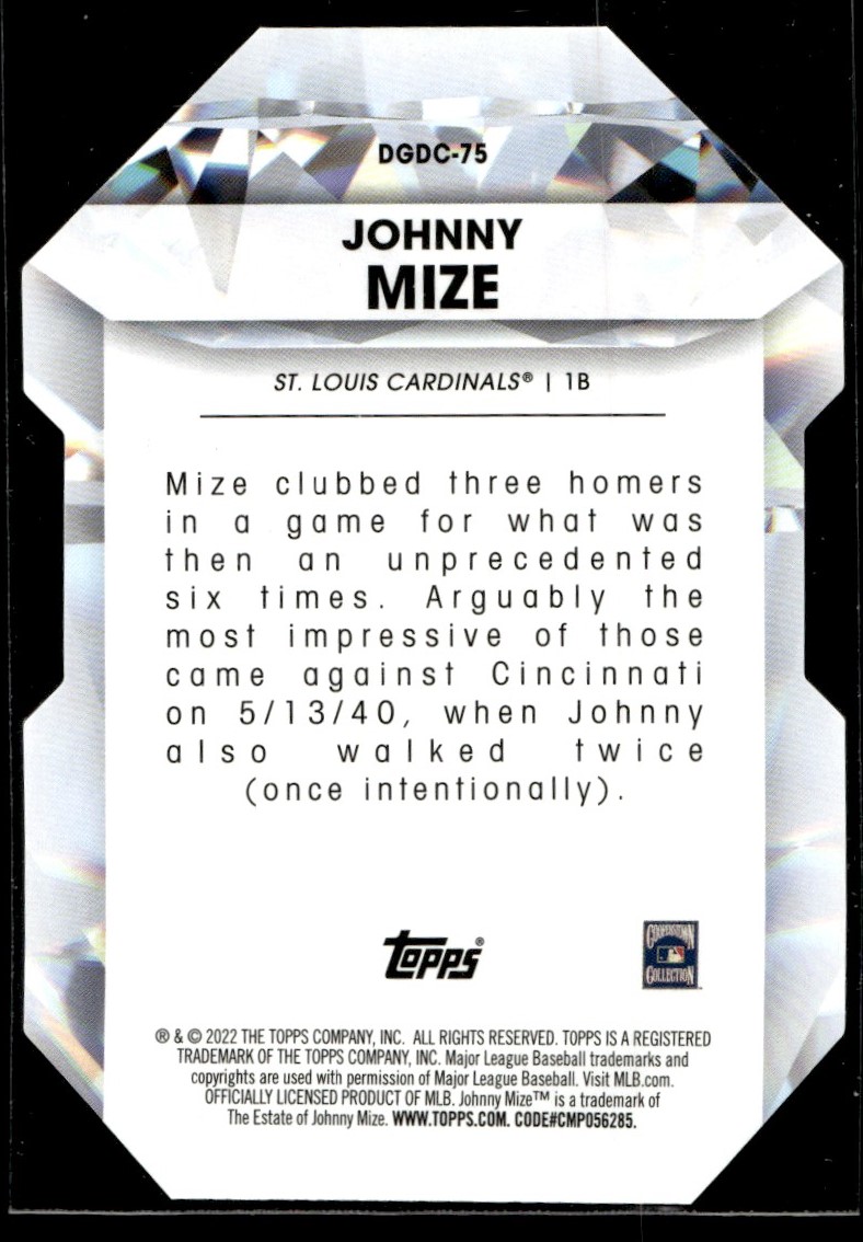 2022 Topps Update Diamond Greats Die-Cuts Johnny Mize #DGDC-75 card back image