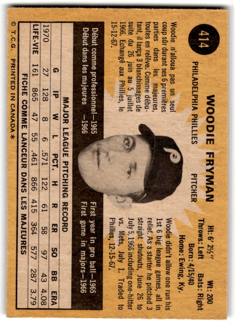 1971 O-Pee-Chee Woodie Fryman #414 card back image