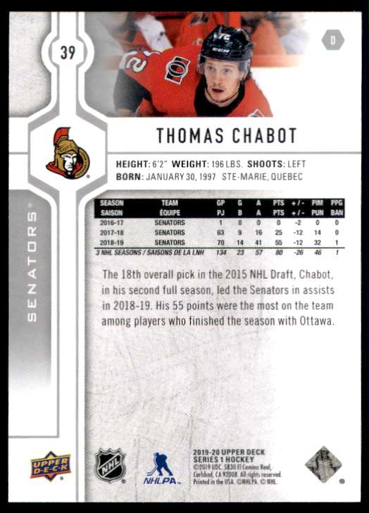 2019-20 Upper Deck Thomas Chabot #39 card back image