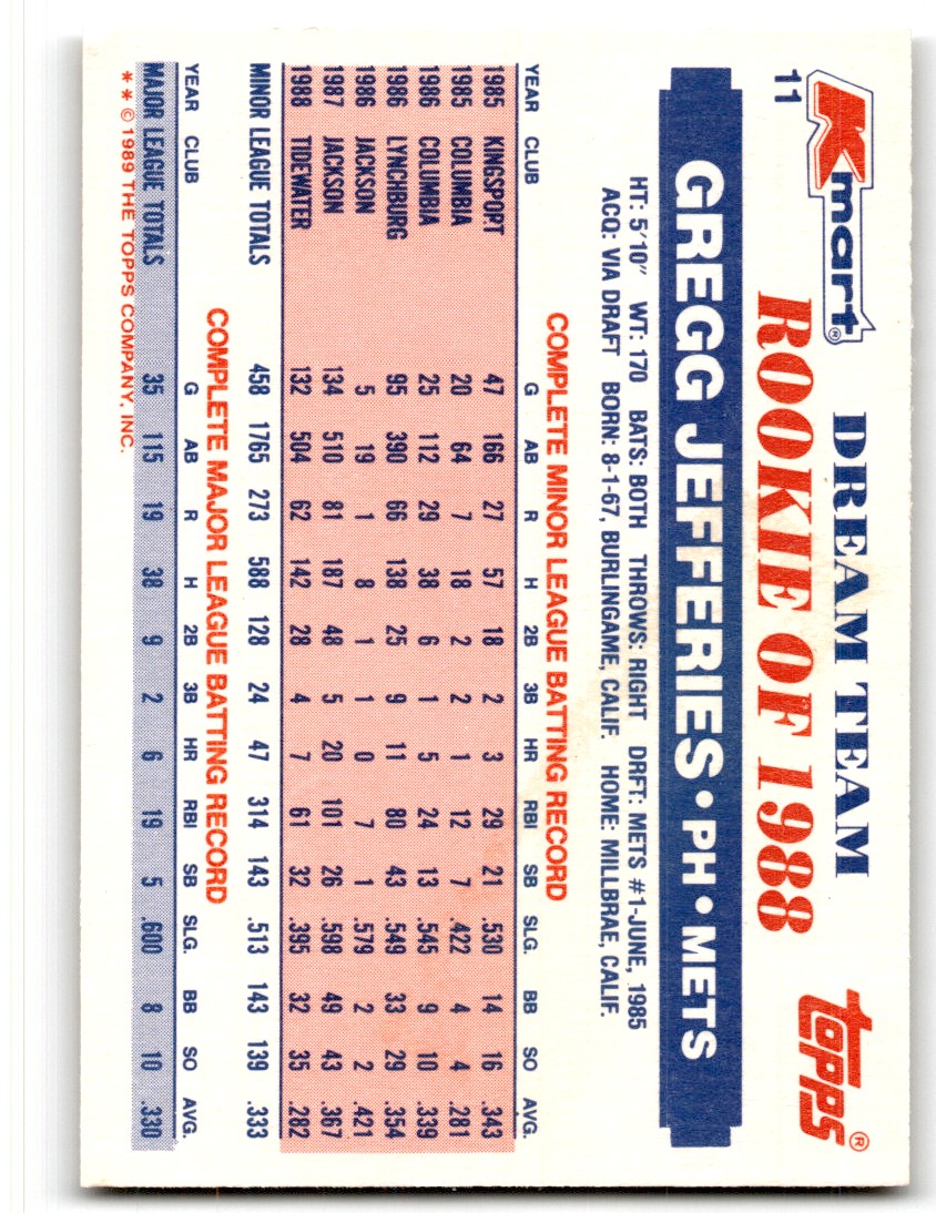 1989 Topps Kmart Dream Team Gregg Jefferies #11 card back image