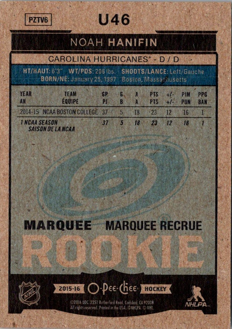 2015-16 Upper Deck O-Pee-Chee Noah Hanifin #U46 card back image
