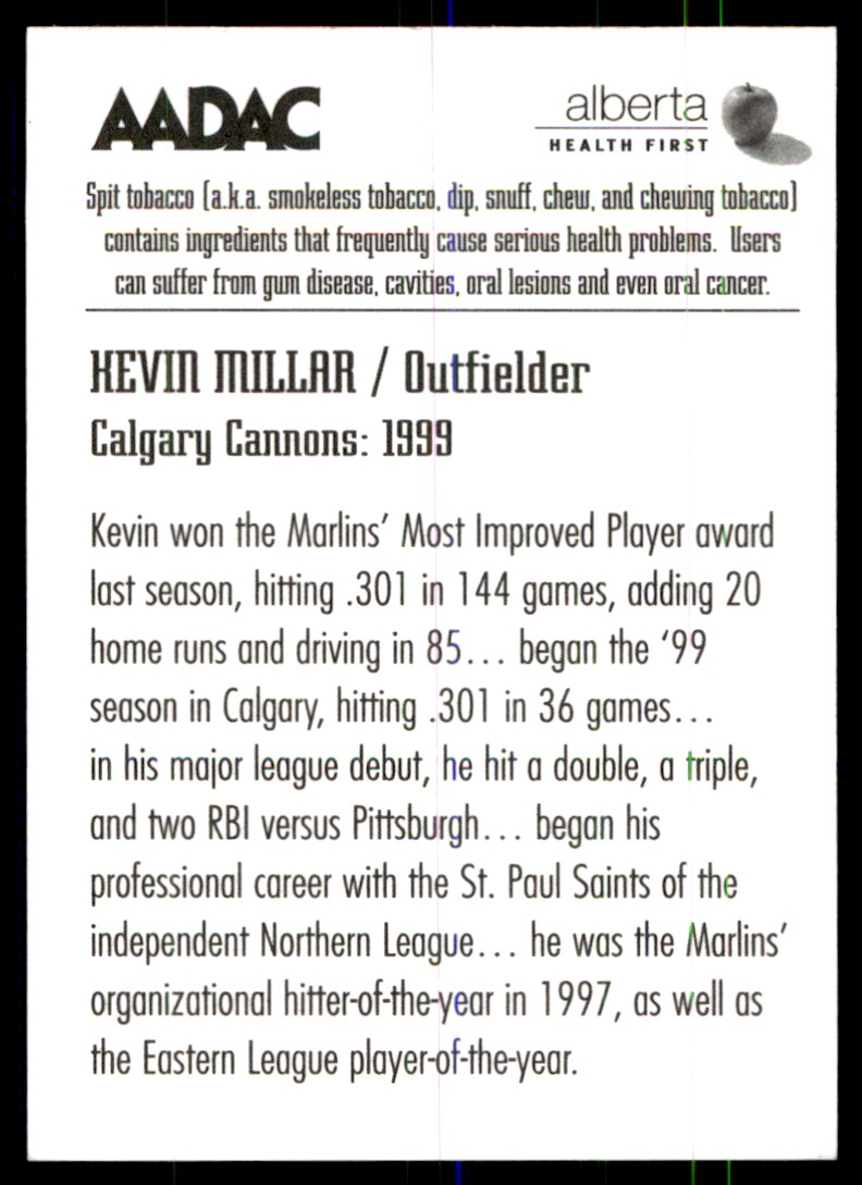 2002 AADAC Calgary Cannons All-Time Team Kevin Millar #NNO card back image