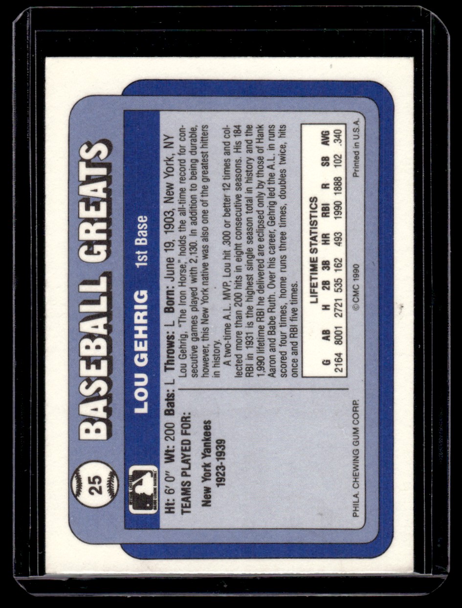 1990 Swell Baseball Greats Lou Gehrig New York Yankees #25 | eBay