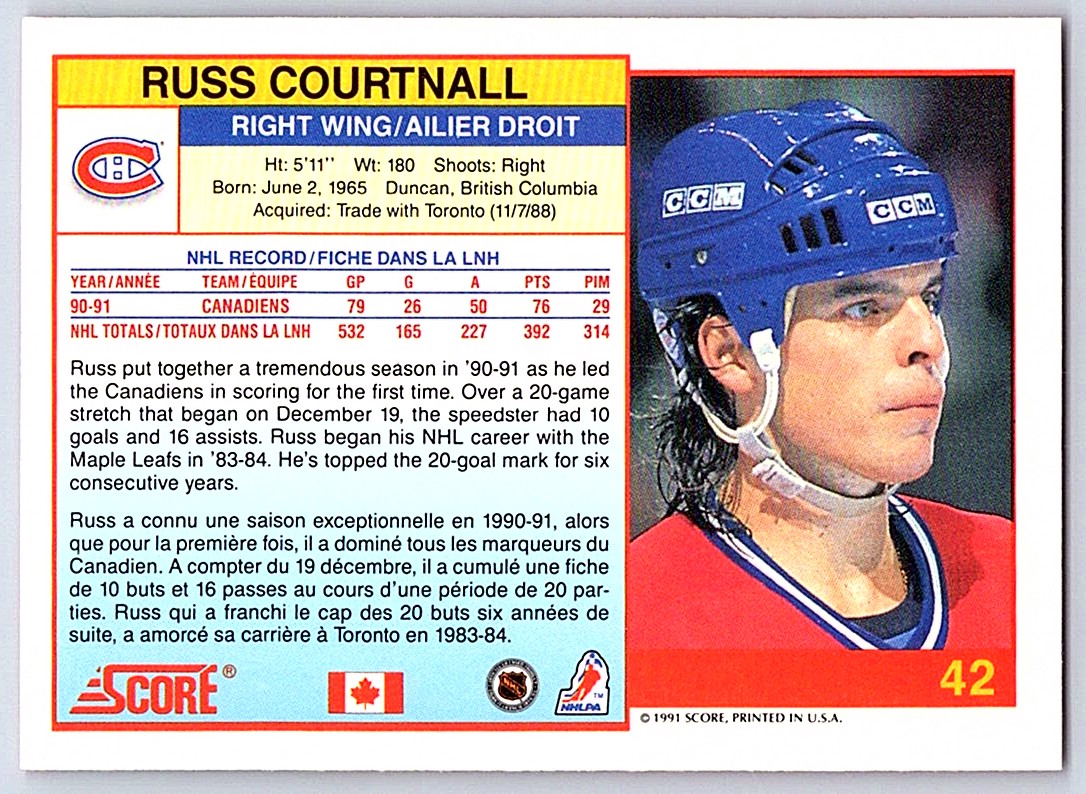 1991-92 Score Russ Courtnall #42 card back image