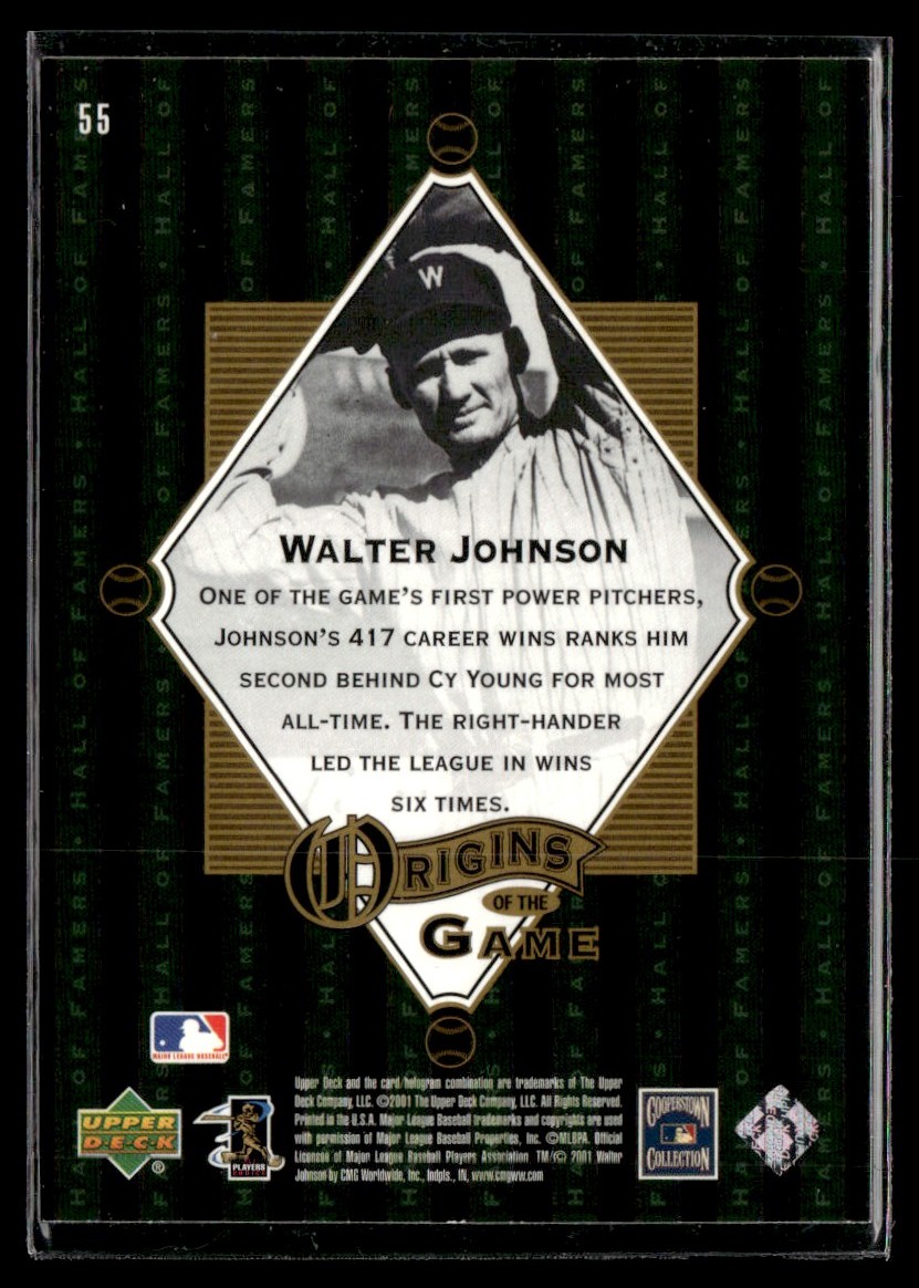 2001 Upper Deck Hall of Famers Walter Johnson #55 card back image