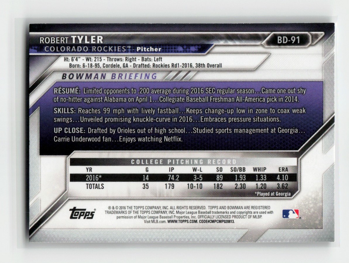 2016 Bowman Draft Picks & Prospects Robert Tyler #BD-91 card back image