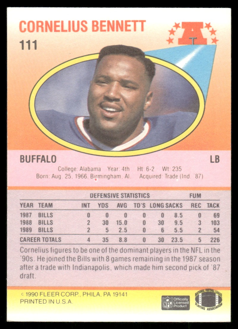 1990 Fleer Cornelius Bennett #111 card back image