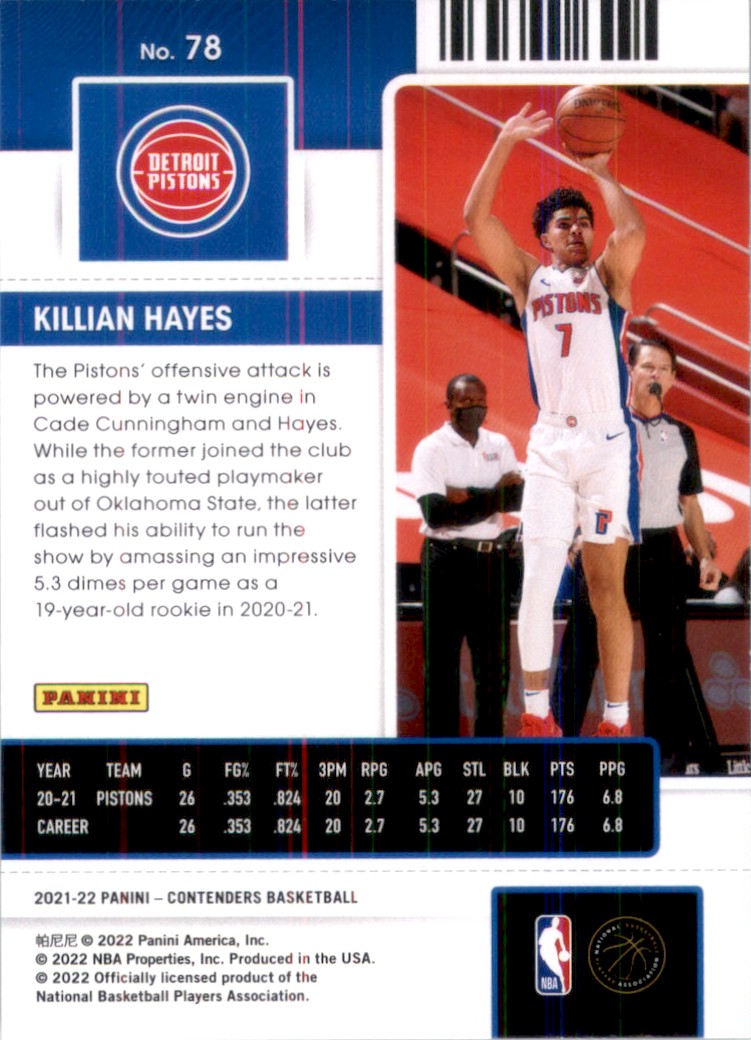 2021-22 Panini Contenders BasketBall Card Killian Hayes #78 card back image
