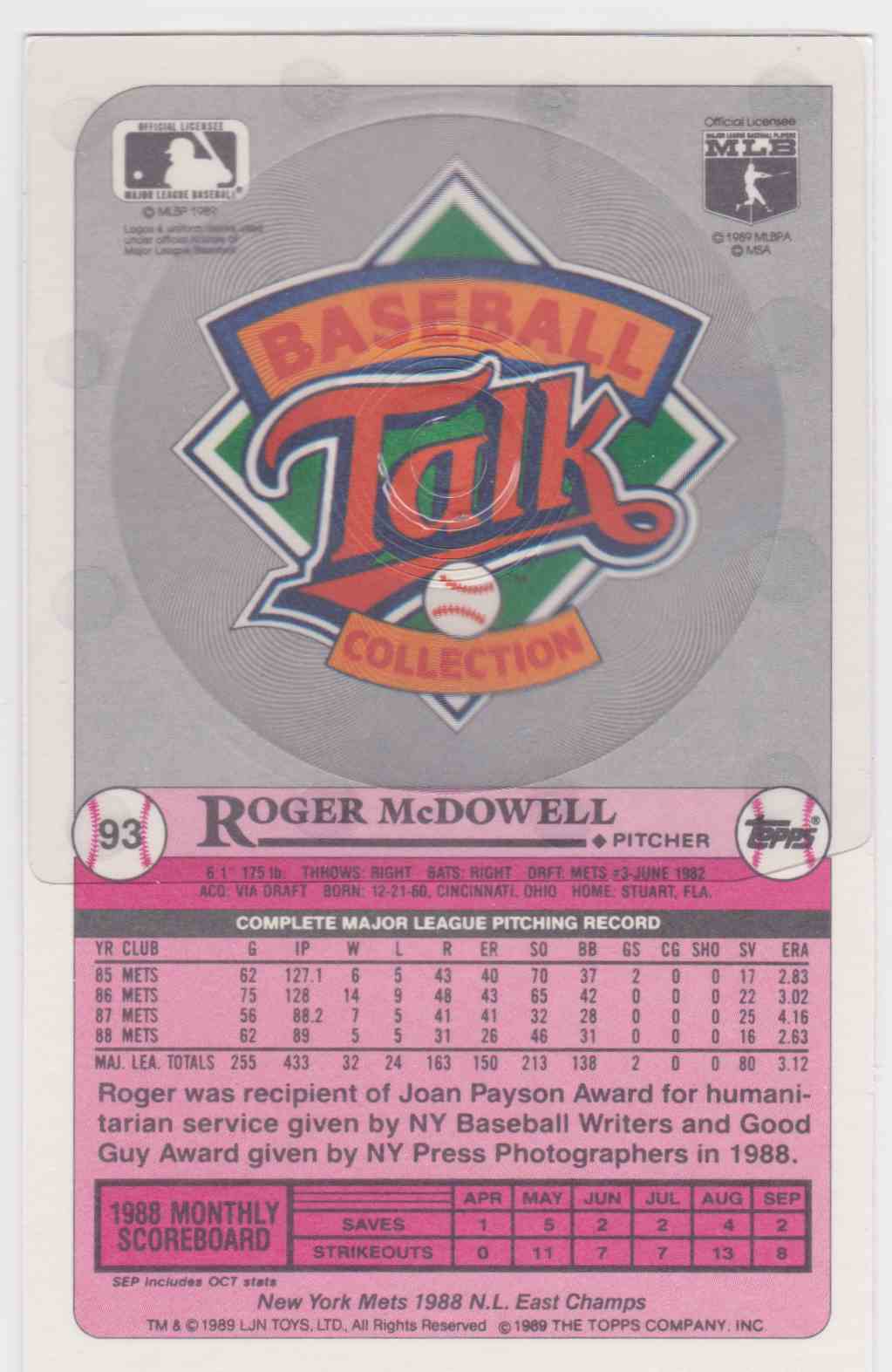 1989 Topps / Ljn Baseball Talk Roger McDowell #93 on Kronozio